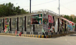 Posters and banners galore at the Bilawal roundabout. | Sindh Government from Narratives Magazine