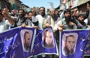 Muslim League members protest charging of separatist leader Masarat Alam Bhat under JK Public Safety Act at Habba Kadal in Srinagar edited | Insight from Narratives Magazine